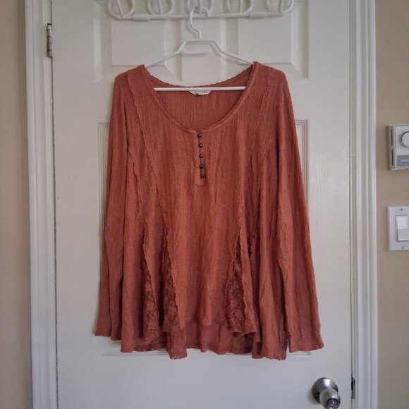 Lucky Brand Women's XL Terracotta Lace Henley Swing Top - Picture 3 of 14